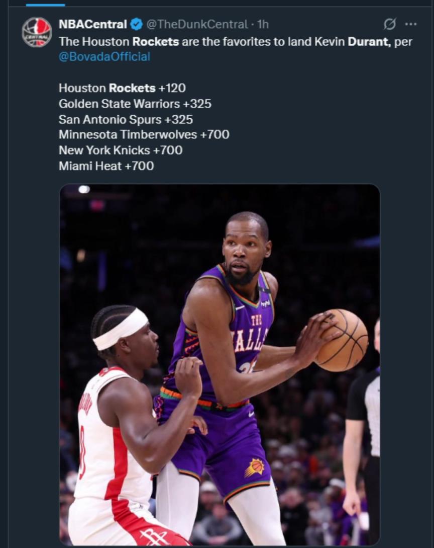 難道說？美媒曬杜蘭特下家賠率，火箭大幅度領(lǐng)跑！